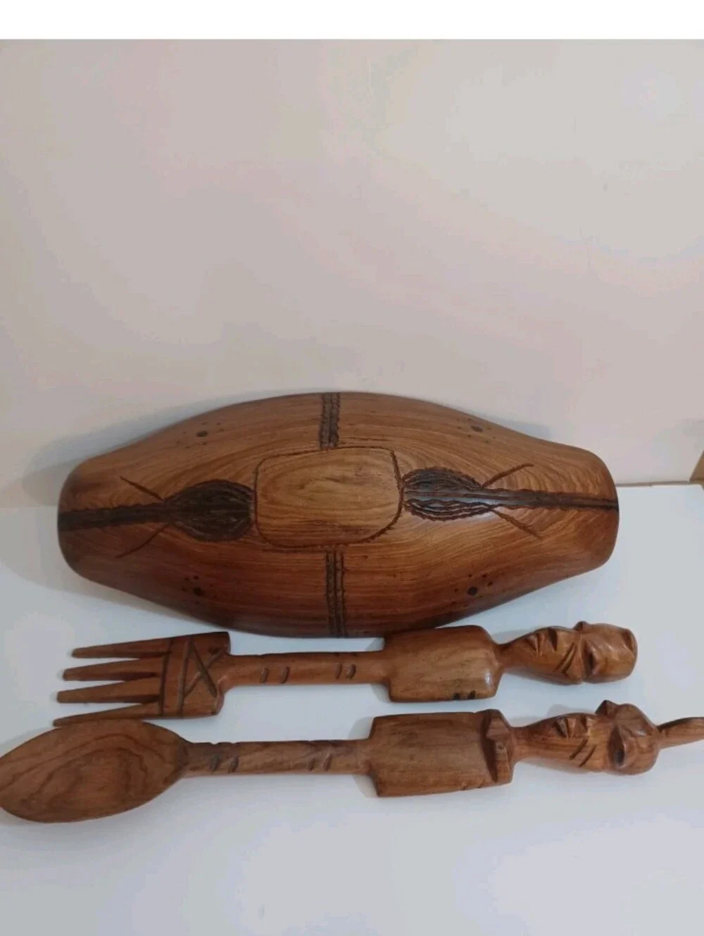 Hand-Carved Wooden Salad Bowl Set in Natural Brown
